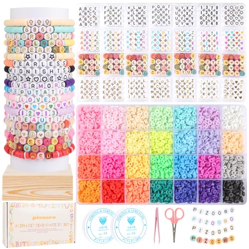 Friendship Bracelet Kit with 28 Colors, 5040 Clay Beads, 1200 Letter Beads for Jewelry Making - 4 Styles of Round Alphabet, Number, Heart & Pattern Beads