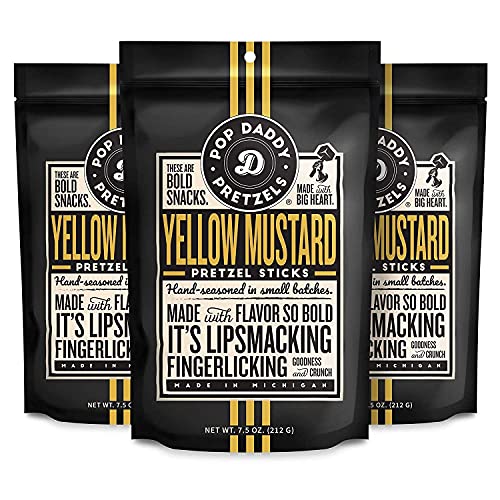 Pop Daddy Flavored Pretzels Sticks | Healthy Gourmet Pretzels Snacks | 7.5oz Individual Bags | 3 Pack | Yellow Mustard