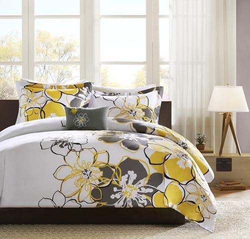 Mi Zone Allison Comforter Set Fun Bedroom Décor - Modern All Season Floral Vibrant Color Cozy Bedding Layer, Matching Sham, Decorative Pillow, Full/Queen, Yellow/Grey 4 Piece