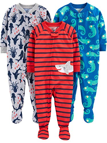 Simple Joys by Carter's Baby Boys' 3-Pack Loose Fit Flame Resistant Polyester Jersey Footed Pajamas, Blue Chameleon/Grey Shark/Red Stripe, 12 Months