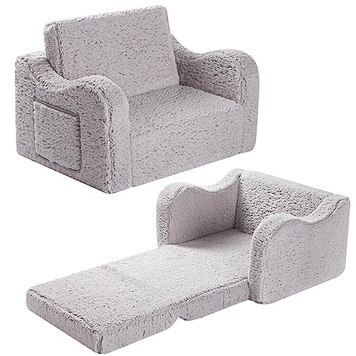 MOMCAYWEX Kids Chairs for Toddler, 2-in-1 Toddler Soft Sherpa Couch Fold Out, Convertible Sofa to Lounger for Girls and Boys, Grey