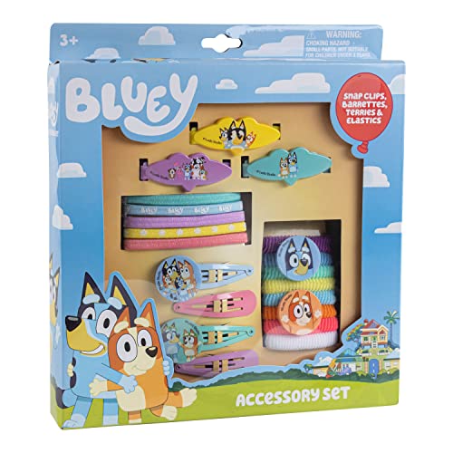 Luv Her Bluey Girls 20 Piece Accessory Set with 3 Barrettes, 4 Snap Hair Clips, 5 Elastics and 8 Terry Ponies- Ages 3+
