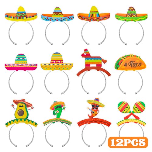 12 PCS Cinco De Mayo Decorations, 12 Styles Mexican Headbands, Colorful Patterned Cardboard Sombrero Cinco De Mayo Hats Fiesta Headbands for Women Men Costume Mexican Theme Celebration Party Favors