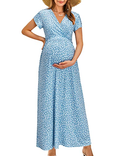 OUGES Maternity Maxi Dress Wrap Baby Shower Pregnancy Dresses for Photoshoot Maternity Outfits Summer Clothes(Floral-3, L)
