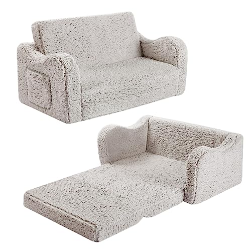 MOMCAYWEX Kids Extra Wide Chairs for Toddler, 2-in-1 Toddler Soft Sherpa Couch Fold Out, Convertible Sofa to Lounger for Girls and Boys, Grey