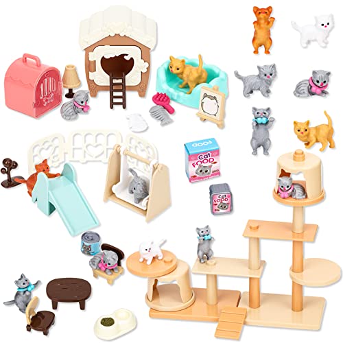 TQQFUN 43-Piece Cat Figurine Playset - Realistic Pet Care Center Role Play Toys for Kids, Toddlers, Boys and Girls