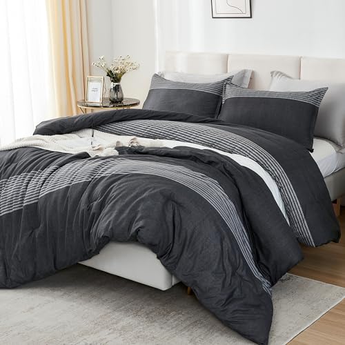 Litanika Full Size Comforter Sets Black White Grey - 3 Pieces Lightweight Bedding Set for Boys Men, All Season Down Alternative Comforter (1 Comforter, 2 Pillowcases)