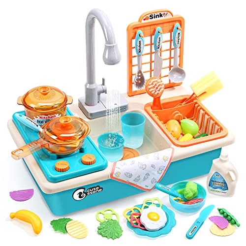CUTE STONE Play Kitchen Sink Toys with Upgraded Real Faucet, Play Cooking Stove, Cookware Pot and Pan,Play Food, Color Changing Dishes Accessories for Boys Girls Toddlers