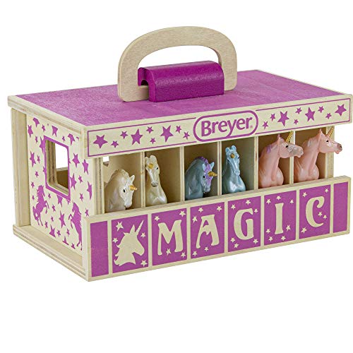 Breyer Horses Unicorn Magic Wooden Stable Playset with 6 Unicorns | 6 Piece | 6 Stablemates Unicorns Included | 6” H x 9” L x 2.5” D | 1:32 Scale | Model #59218, Multicolor