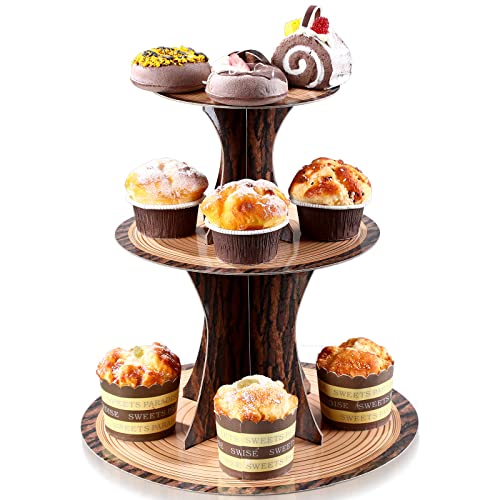 Kritkin Cupcake Stand, Woodland Baby Shower Decorations Wood Birthday Party Supplies, 3 Tier Cardboard Wooden Tower, Grain Rustic Jungle Animal Cupcake Stand Lumberjack Western