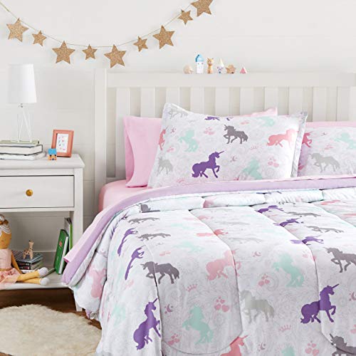 Amazon Basics Kid's Easy Care Microfiber Bed-in-a-Bag 7-Piece Bedding Set, Full/Queen, Purple Unicorns, Solid & Printed