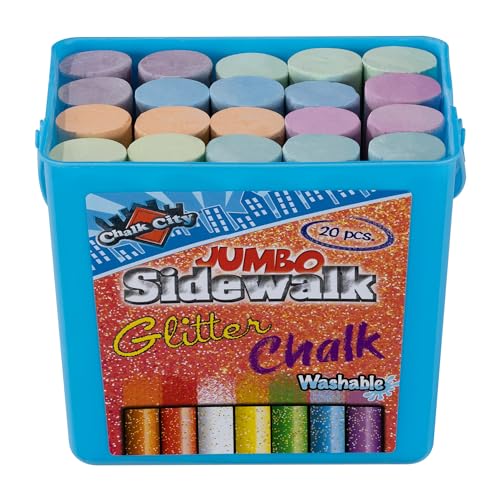 Chalk City Glitter Sidewalk Chalk for Kids - 7 Colors in 20 Pcs. - Washable Non-Toxic Jumbo Chalk - Kids & Toddlers Outdoor Chalk Bulk