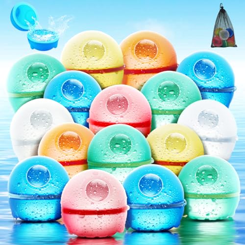 Hiliop 16PCS Reusable Water Balloons for Kids Adults, Silicone Refillable Water Balloons Self Sealing Water Balloons Quick Fill with Magnetic & Mesh Bag