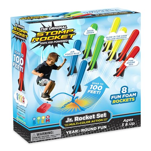 Stomp Rocket Jr Multi-Color Rocket Launcher for Kids, 8 Rockets - Fun Outdoor Kids Gifts for Boys & Girls - STEM Toy Foam Blaster Set Soars Up to 100 Feet - Ages 3 & Up