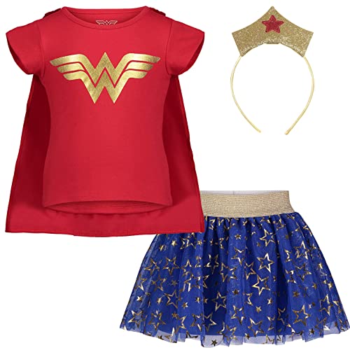 DC Comics Justice League Wonder Woman Toddler Girls 4 Piece Costume Set: T-Shirt Skirt Headband Cape Red 5T