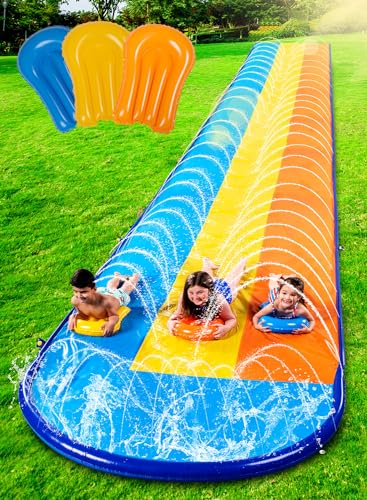 Sloosh 22.5ft Triple Water Slide and 3 Body Boards, Backyard Lawn Water Slides with Outdoor Slip Sprinkler for Kids Adults Summer Water Fun Toy