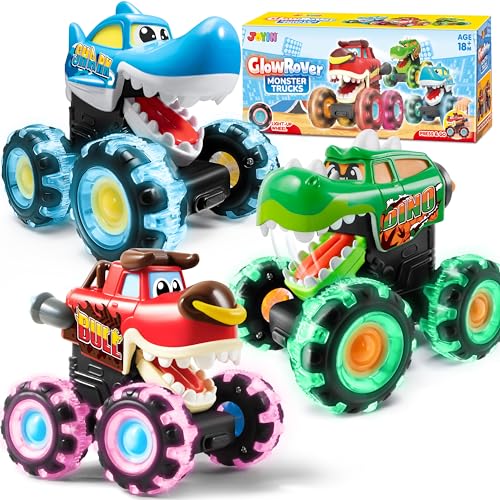 JOYIN 3 Pack Monster Truck Toy - Motion Activated Light-Up Cars for Toddlers - Monster Treads Lightning Wheels - Baby Toy Gift - Press & Go Cars for Boys Girls