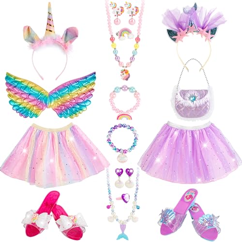 KODATEK Princess Dress Up Clothes for Little Girls, Unicorn & Mermaid Princess Costume Set with Tutu, Wings, Shoes, Play Jewelry, Headband, and Pretend Play Toys & Gift for Girls age 3-6