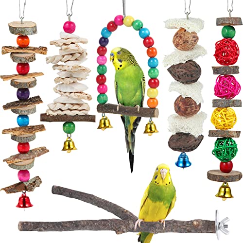 Bird Perch Bird Toys Parakeet Toys,6 Pack Bird Cage Accessories Wooden Chew Toys Perch Stand for Parrot Conure Cockatiel Lovebird Parrotlet Budgie Finches and Other Small to Medium Sized Birds