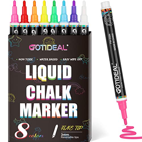 GOTIDEAL Liquid Chalk Markers, Fine Tip 8 Colors Washable Window Chalkboard Glass Pens, Paint and Drawing for Car, Blackboard, & Bistro,Kids and Adults, Non-Toxic,Wet Erase - Reversible Tip