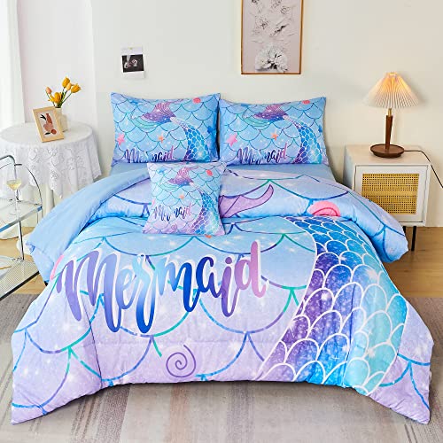 RYNGHIPY 6Pcs Mermaid Tail Comforter Set for Kids Girls, Mermaid Fish Scale Bed in a Bag Twin Size, Sparkle Teal Purple Rainbow Bedroom Decor Bedding Set