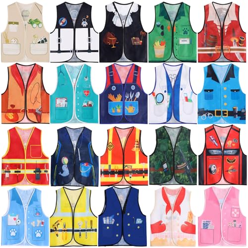 20 PCS Kids Community Helper Dress Up Vest Career Costumes Role Play Career Cosplay Clothes Pretend and Play Costume for Kids Dress up Doctor Police Fireman Car Racer Cowboy Farmers Worker Pirate