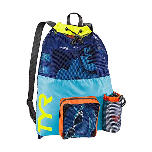 TYR Big Mesh Mummy Backpack for Wet Swimming, Gym, and Workout Gear, Blue/Yellow