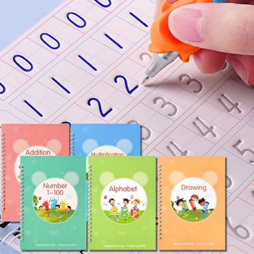 Reusable Grooved Handwriting Workbooks,Magic Copybook,Magic Writing Practice copy books, to help children improve their handwriting ink Practice Age 3-8 ​Calligraphy for kids(5 Books with Pens)