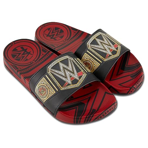 WWE Mens Championship Belt Slides - John Cena, Roman Reigns, Seth Rollins World Wrestling Champion Belt Slip On Slide Sandals (Red Black, 10)