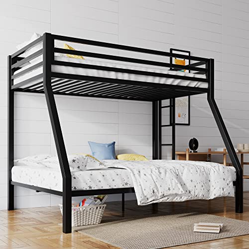 SHA CERLIN Metal Bunk Bed Twin Over Full Size with Removable Stairs, Heavy Duty Sturdy Frame with 12' Under-Bed Storage for Teen & Adults, Teens, No Box Spring Needed, Black