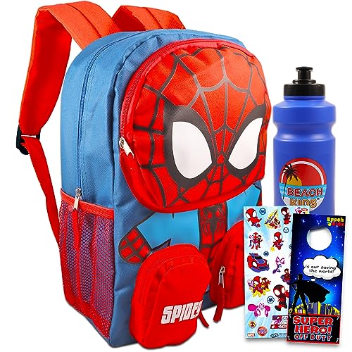 Marvel Spiderman 16' Backpack for Boys Set - Bundle, Stickers, Water Bottle, More for Boys 4-6