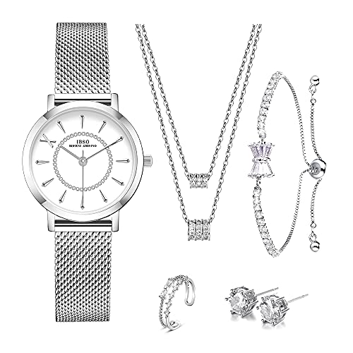 IBSO Girl Jewelry Set Women Quartz Watch Set Crystal Design Bracelet Necklace Ring Earrings Watch Sets Female Watch Lady's Wife Mom Gift The Book of Wishes (3202 Silver GN Box)