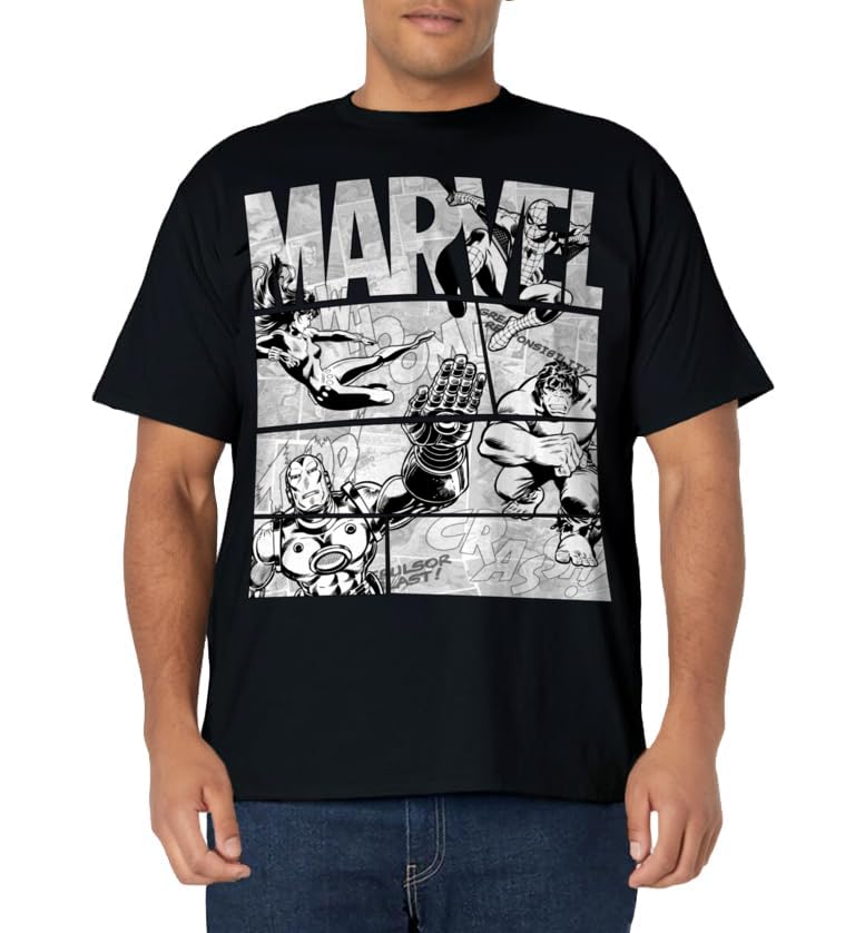 Marvel Avengers Retro Black and White Comic Graphic Short Sleeve T-Shirt