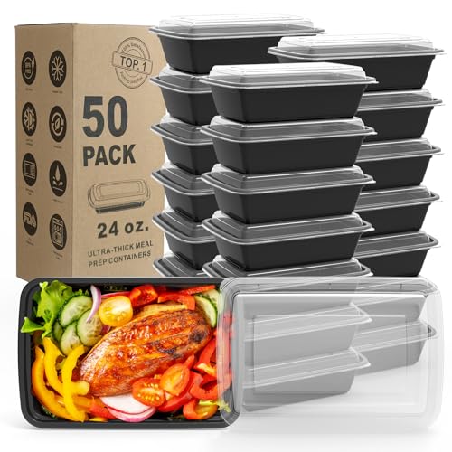 WGCC Meal Prep Containers, 50 Pack Extra-thick Food Storage Containers with Lids, Disposable & Reusable Plastic Bento Lunch Box, BPA Free, Stackable, Microwave/Dishwasher/Freezer Safe (24 oz)