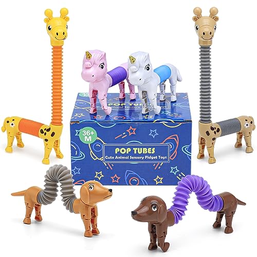 6 Pack Animal Pop Tubes, Fidget Toys for Sensory Play, Party Favors for Kids, Goodie Bag Stuffers Treasure Box Classroom Prizes Gifts, Birthday Gifts for Kids with Storage Box