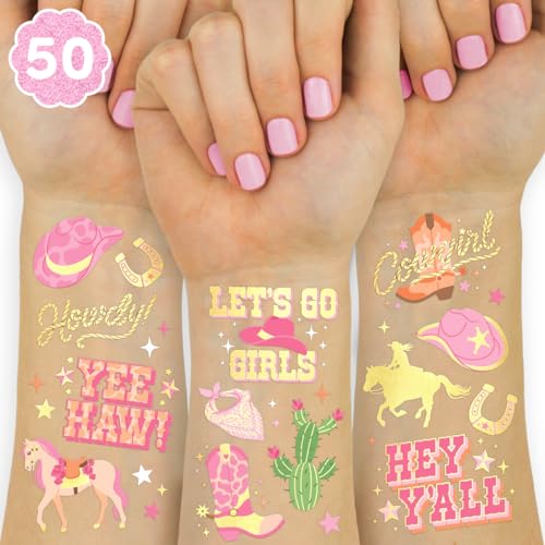xo, Fetti Cowgirl Temporary Tattoos - 50 Gold Foil Styles | Birthday Party Decorations, Giddy Up Cowgirl Accessory, Rodeo Western Theme Favor, Nashville Gift + Cow Print Supplies, Baby Shower
