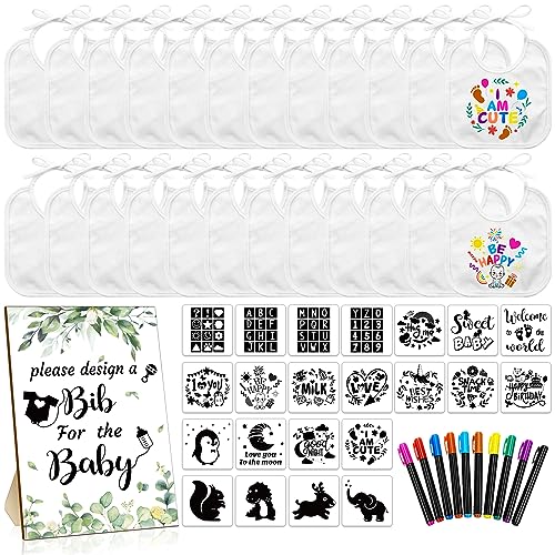 Newwiee 55 Pcs DIY Baby Bibs Set Includes 22 White Feeder Bibs 22 Stencils 10 Fabric Markers 1 Wooden Baby Shower Game Sign, White Bibs Baby Shower Game Gifts for Boys Girls Gender Reveal (Greenery)