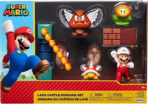 Nintendo Super Mario Lava Castle 2.5' Figure Diorama Play Set, Includes: Fire Mario, Spiny, & para Goomba, Mechanical Spinning Fireballs, Block & Fire Flower