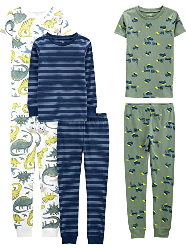 Simple Joys by Carter's Boys' 6-Piece Snug Fit Cotton Pajama Set, Blue/Green/Dinosaur, 8