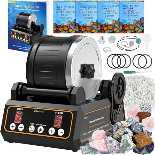 KomeStone Rock Tumbler Kit, K1 Professional Large 2.5LB Capacity Edition - Memory Function, Digital Timer & Variable Speeds: Create Stunning Gems Full Accessories Included