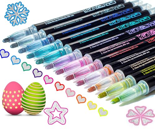 KOUSICOO Shimmer Markers Outline Double Line: Easter Basket Stuffers Teens Girls Gifts Trendy Stuff 12 Colors Metallic Pens Set Sparkle Kid Age 4 8 10 Gift Drawing Supplies Art Craft Girl Eggs Paint