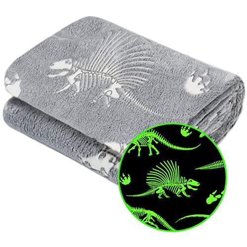 Glow in The Dark Blanket Dinosaur Throw Blanket for Boys Kids Soft Warm Cozy Cute Dino Blanket Unique Christmas Toys Gifts Gray Glowing Dinosaur Room Decor Blankets for Girls Teens 50'x60'