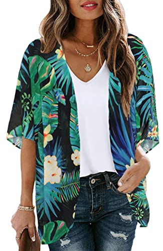 Women's Floral Print Puff Sleeve Kimono Cardigan Loose Cover Up Casual Blouse Tops (Black green print, XL)