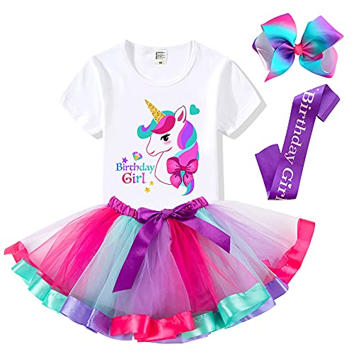 Birthday Girls Costume – Headband, Shirt, Tutu Skirt Dress, Satin Sash - Unicorn Gifts for Girls (Birthday Girl 7, 4-5 Years)