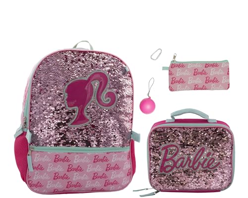 AI ACCESSORY INNOVATIONS Barbie 4 Piece Backpack Set, Sparkle & Shine with this Magic Flip Sequin School Bag for Girls with Zip Front Pocket, Pink