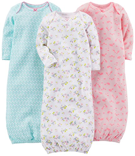 Simple Joys by Carter's Baby Girls' 3-Pack Cotton Sleeper Gown, Blue Ducks/Pink Animal/White Floral, Newborn