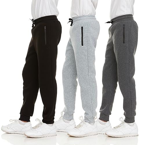 PURE CHAMP 3Pk Boys Sweatpants Fleece Athletic Workout Kids Clothes Boys Joggers with Zipper Pocket and Drawstring Size 4-20 (SET1 Size 10/12)
