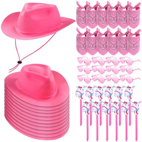 Xtinmee 48 Pcs Cowboy Party Costume Set Include Cowboy Hats Paisley Bandanas Inflatable Stick Horses Heart Shaped Glasses(Pink)