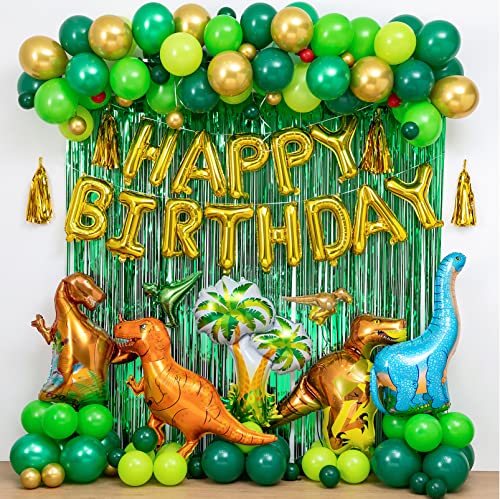 LFVIK Dinosaur Birthday Party Decorations&Balloons Arch Garland Kit(Gold,Green),Dinosaurs Balloons,HAPPY BIRTHDAY Balloons,Curtains,for Dino Themed Kid's Party,Shower,Celebration.