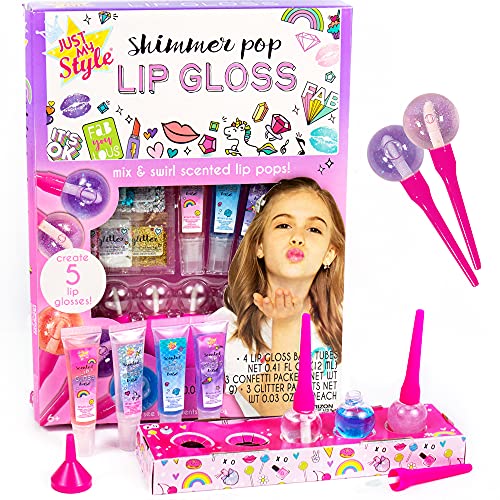 Just My Style Shimmer Pop Lip Gloss, Create 5 Lollipop-Shaped Lip Glosses, Includes Funnel, Empty Lip Gloss Containers, Sweet Lip Gloss Base, Body Glitter & More, DIY Lip Gloss, Multi (208316J)